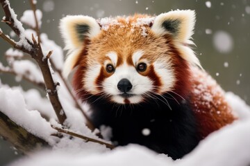 Chilly Red panda winter snow. Fur resting tropical. Generate Ai