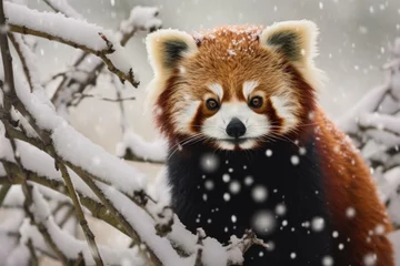 Schilderijen op glas Fluffy Red panda winter skin. Asian bear. Generate Ai © juliars
