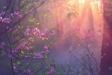 Sunbeams streaming through misty forest adorned with blooming lilac flowers