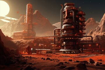 Mysterious Alien gates fantasy red planet. Futuristic ship. Generate Ai - 746171457