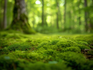 Close-up vibrant green moss in a grove of forest, with a blurred forest landscape as the backdrop.