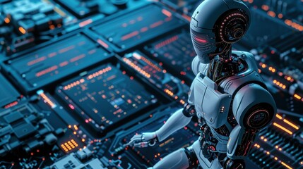 Fototapeta premium Robot operates Data Server .artificial intelligence robot ,digital technology concept with 3D data rendering.