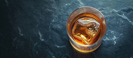 A glass filled with amber-colored liquid, most likely whiskey, placed on top of a dark table.