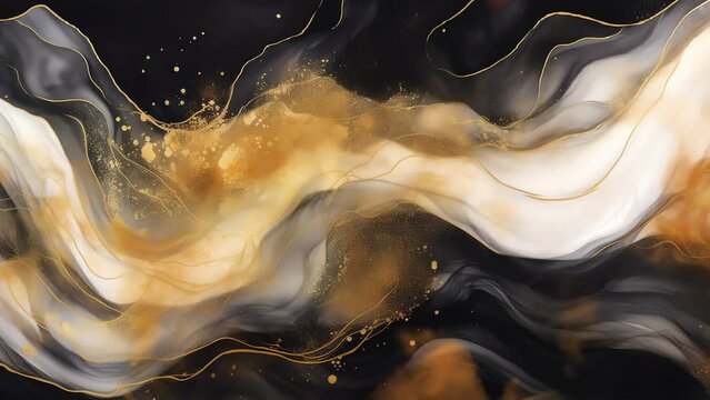 animation background black, white and gold silk background texture. Holographic abstract clothing with colorful waves. Bright organza, shiffon fabric, very high resolution