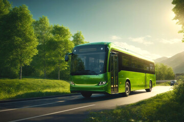 A green electric public bus travels on a road, surrounded by lush greenery and mountains. Concept of development while protecting the environment. Sustainable Development with Green Energy.