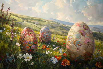 Colorful Easter background with colorful flowers and easter eggs