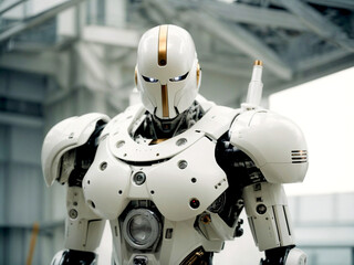 Close-up of a humanoid robot with a white and gold exterior, showcasing intricate mechanical design. Its intense gaze emanates from a mask-like face. Set in an industrial background.