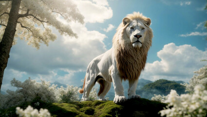 Majestic white lion on a mossy rock, surrounded by blossoming trees under a bright sky, exuding regality and strength.