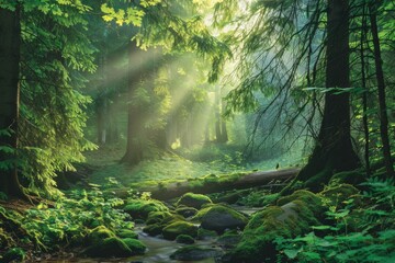 Sunlight piercing through a vibrant green forest with a moss-covered stream