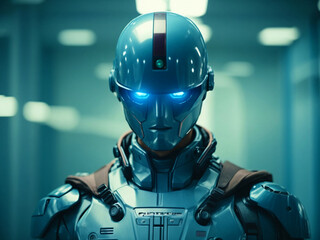 Soldier-like blue robot against a blue background.