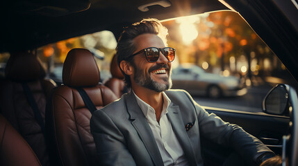 Smiling businessman grabs the steering wheel of luxury car, sits on seat and drives.
Generative AI - obrazy, fototapety, plakaty