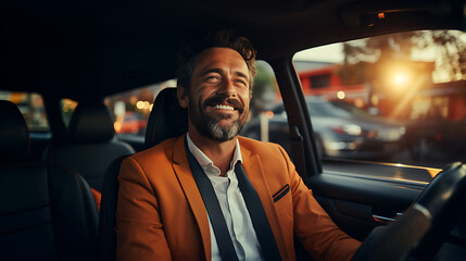 Smiling businessman grabs the steering wheel of luxury car, sits on seat and drives.
Generative AI