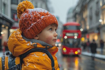 Young child dressed in a vibrant orange winter jacket and knit hat gazes in awe at the snowflakes falling against a blurred city scene with iconic red bus