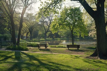 Early Morning Sunlight Shining Across a Peaceful Park with Benches Beside a Pond