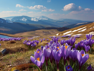 Mountain plateau valley captivates with vibrant purple crocus flowers, creating a stunning scenery...
