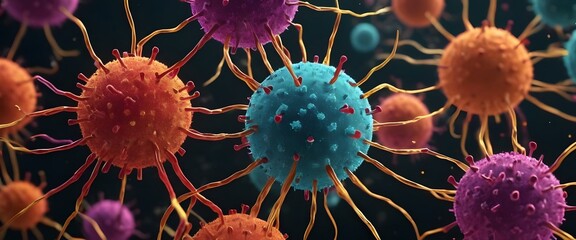 This image presents a 3D illustration of various viruses with spike proteins, highlighted by vibrant colors against a dark backdrop. The central virus stands out in blue, surrounded by others in