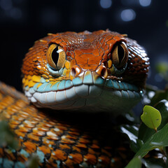 Fototapeta premium A vividly colored snake's gaze captured in a dark, enchanting environment