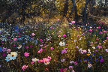 Wildflower meadow with colorful cosmos in full bloom under a canopy of trees in filtered sunlight