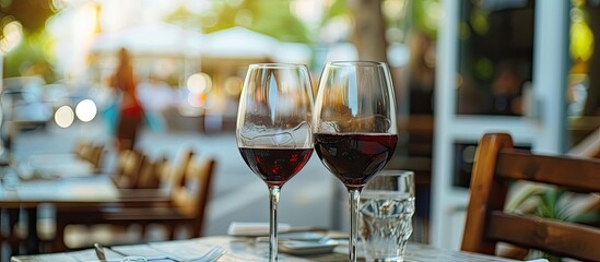 Two glasses filled with red wine are placed on top of a wooden table at a Mediterranean-style outdoor restaurant. The scene captures a snapshot of a vibrant cafe lifestyle during a lunch service.
