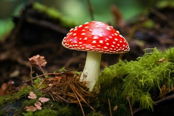 Poisonous Red toadstool mushroom danger. Season moss. Generate Ai
