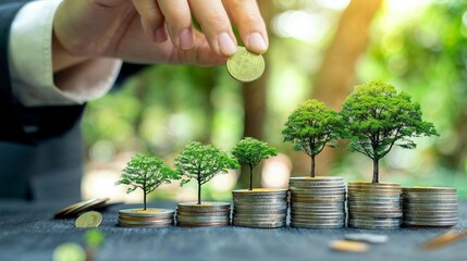 Hand placing a Bitcoin on stacked coins with miniature trees, representing investment growth, cryptocurrency, and green economy.