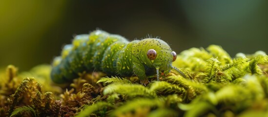 Naklejka na ściany i meble A magnified view of a green caterpillar perched on top of moss.