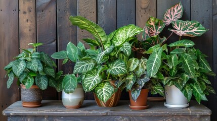Collection of various plants in different pots. Potted house plants on shelf against wall.
