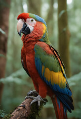 Obraz premium A brightly coloured Ara on a branch in the rainforest