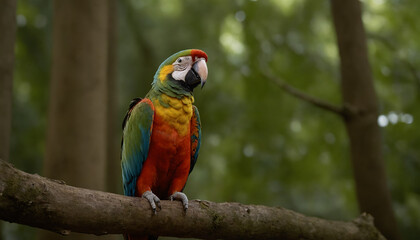 Obraz premium A brightly coloured Ara on a branch in the rainforest
