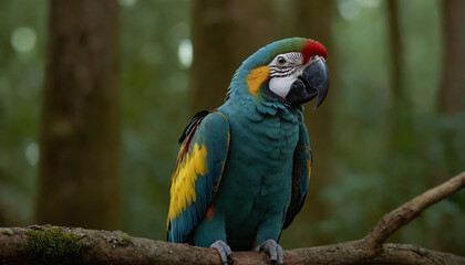 Obraz premium A brightly coloured Ara on a branch in the rainforest
