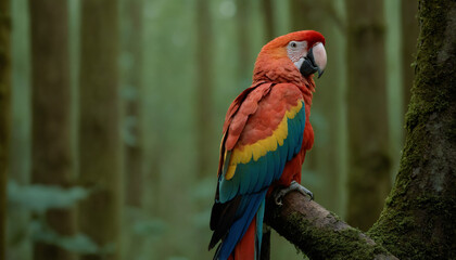 Fototapeta premium A brightly coloured Ara on a branch in the rainforest