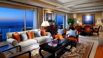 Fototapeta na wymiar Seaside Serenity: A Modern Hotel Living Room with Ocean View