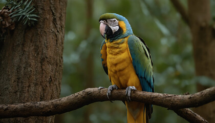Obraz premium A brightly coloured Ara on a branch in the rainforest