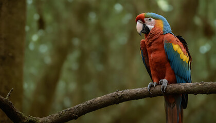 Obraz premium A brightly coloured Ara on a branch in the rainforest