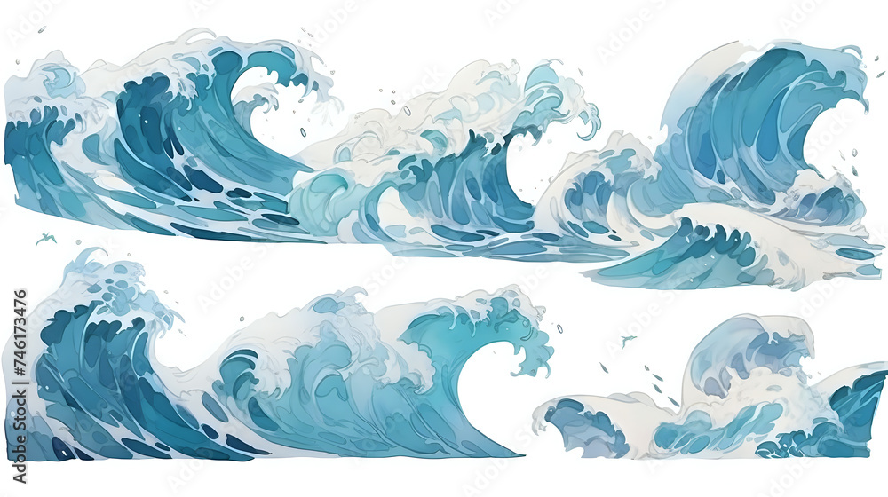Poster dynamic ocean waves illustration. artistic representation of ocean waves in motion, isolated on whit
