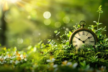 Antique pocket watch nestled in lush moss, symbolizing the intertwining of time and nature's growth