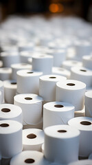 A large quantity of white toilet paper rolls, with a blurred background focus