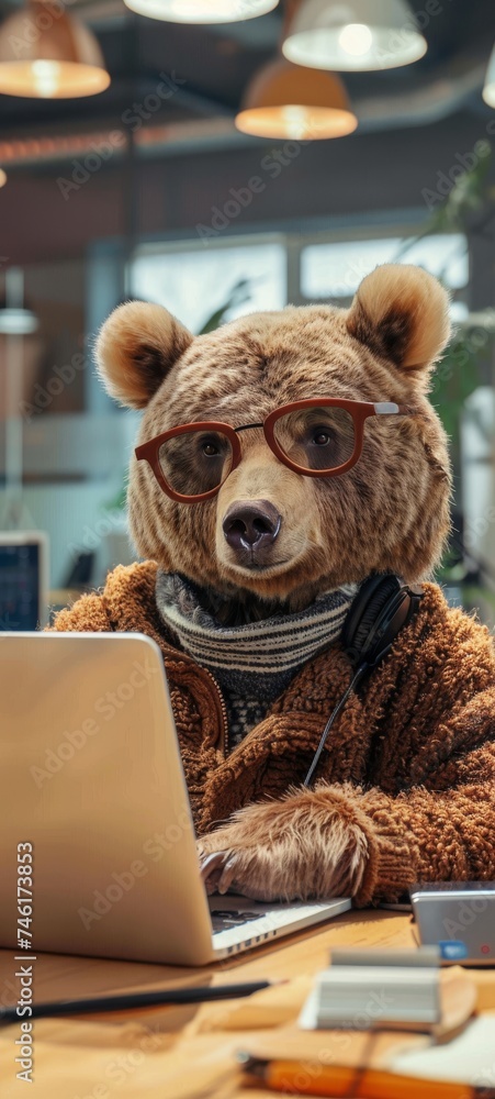 Aufkleber a bear in tech support solving complex issues on a laptop in a fast paced it office