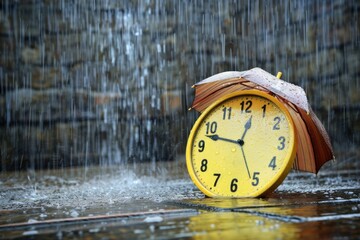 Vintage yellow alarm clock wet from raindrops on wooden surface, showcasing time concept in rainy weather