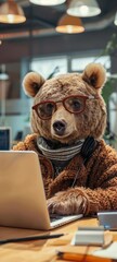 A bear in tech support solving complex issues on a laptop in a fast paced IT office