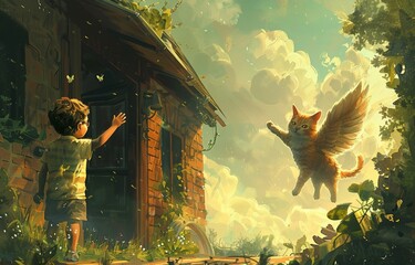 A child standing near a house waving goodbye to a cat with wings gently rising towards heaven