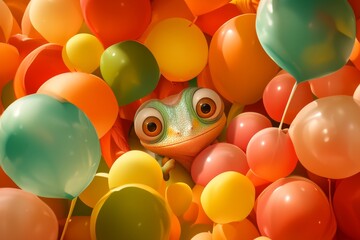 A chipper chameleon blending in with balloons of various colors