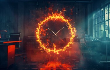 A clock face with flames instead of hands set in a dark moody office symbolizing the heat of a critical deadline