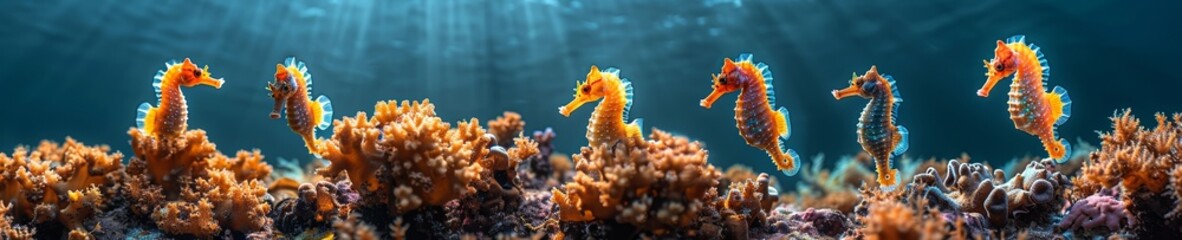 A colony of seahorses clinging to polluted coral reefs