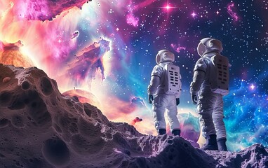 A cosmic exploration scene with astronauts discovering new galaxies surrounded by vibrant nebulas