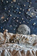 A creative plasticine depiction of a moon landing featuring an astronaut and a lunar rover set against a starry space background