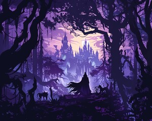 A dark enchanting forest scene with a powerful warlock mythical beasts and the distant silhouette of knights and a castle