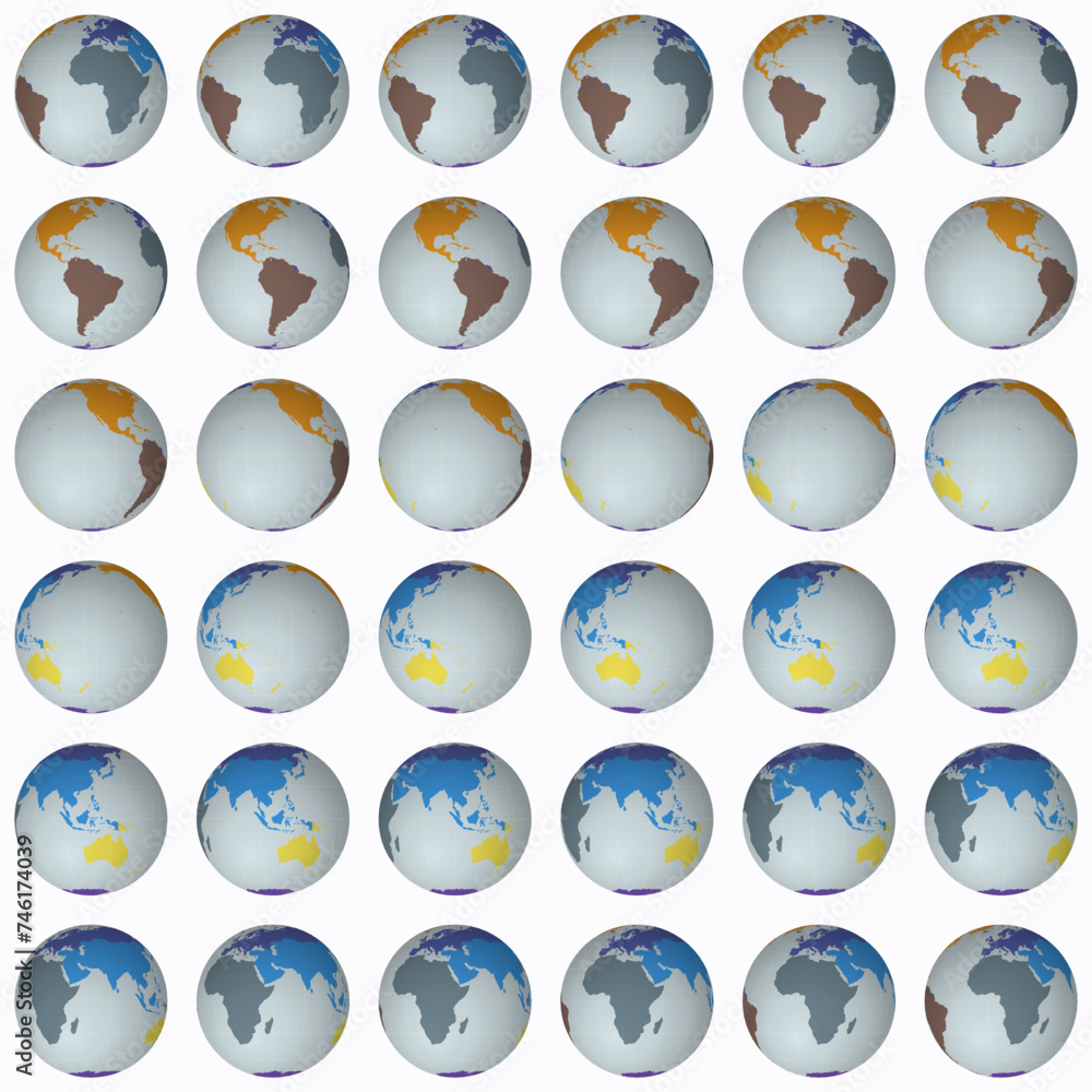 Poster collection of planet globes. normal sphere view. rotation step 10 degrees. colored continents style.
