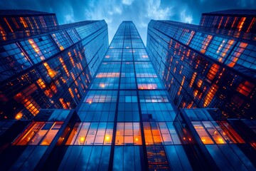 Upward view of towering skyscrapers bathed in the vibrant glow of twilight, their glass facades reflecting the fiery hues of the setting sun in the heart of the city