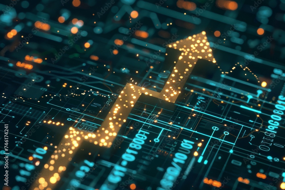 Poster gold rising arrow chart on digital background representing tech driven business growth and big data